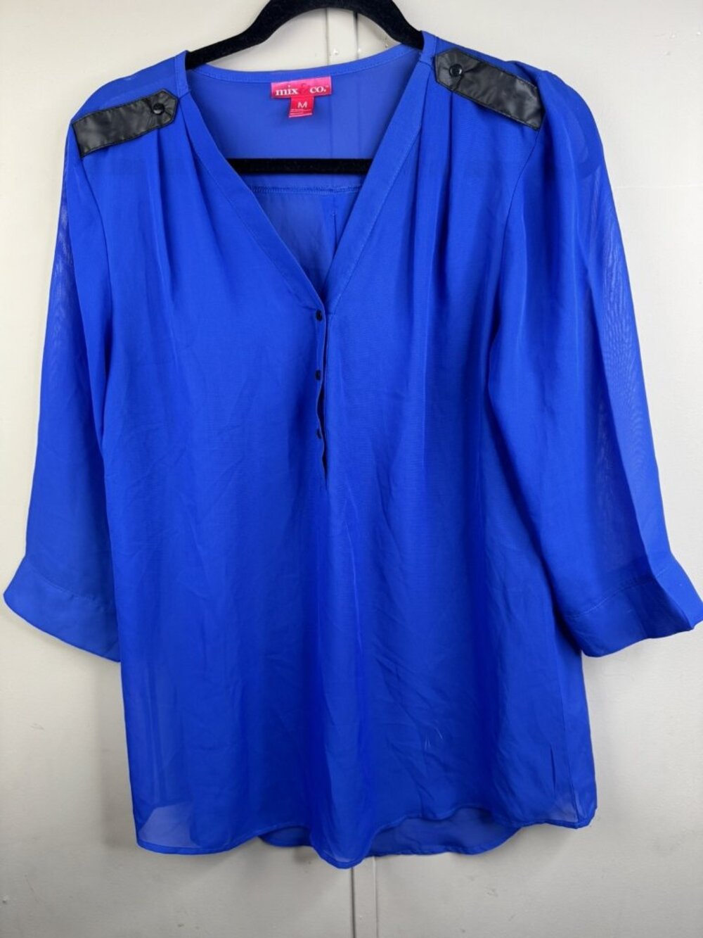 Mix & Co. Size M Womens Blue Sheer Tunic Top 3/4 Sleeve Button V Neck